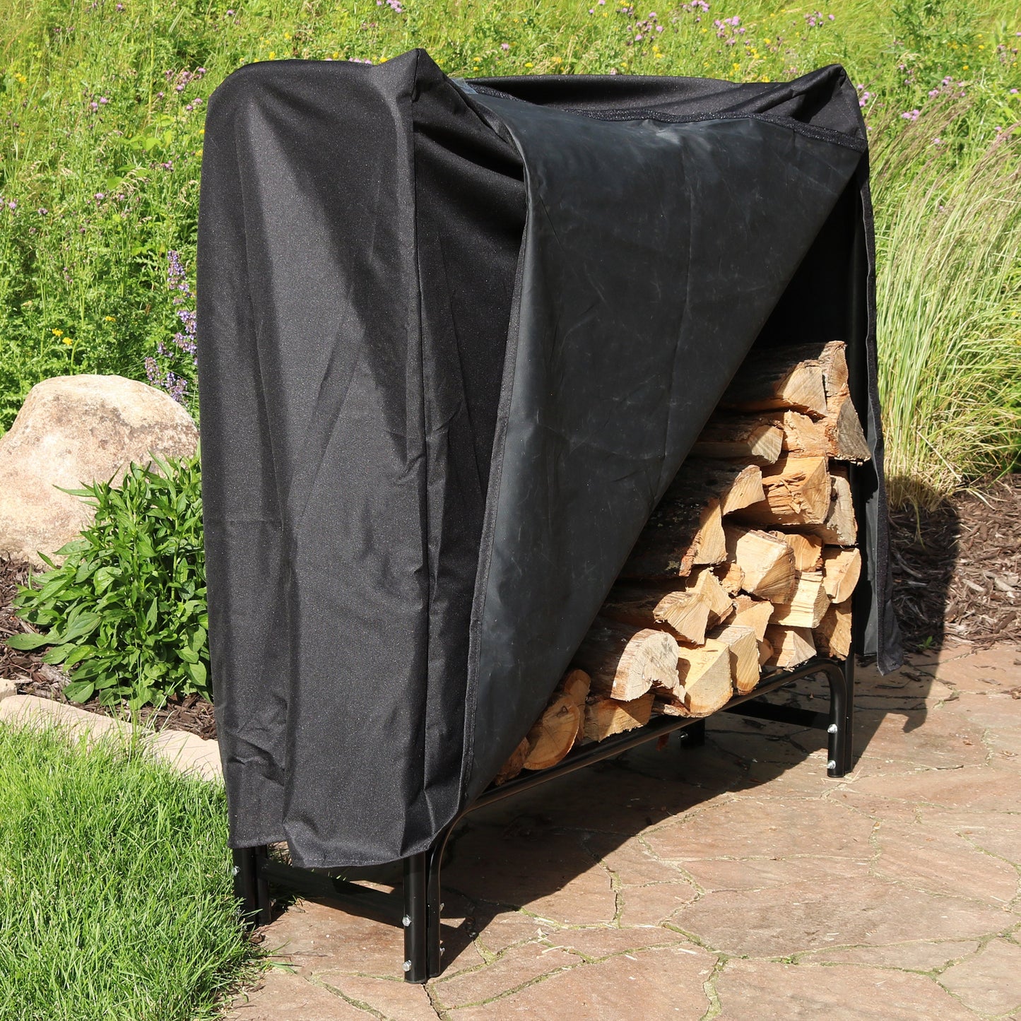 Outdoor Firewood Log Rack with Cover Combo - Black
