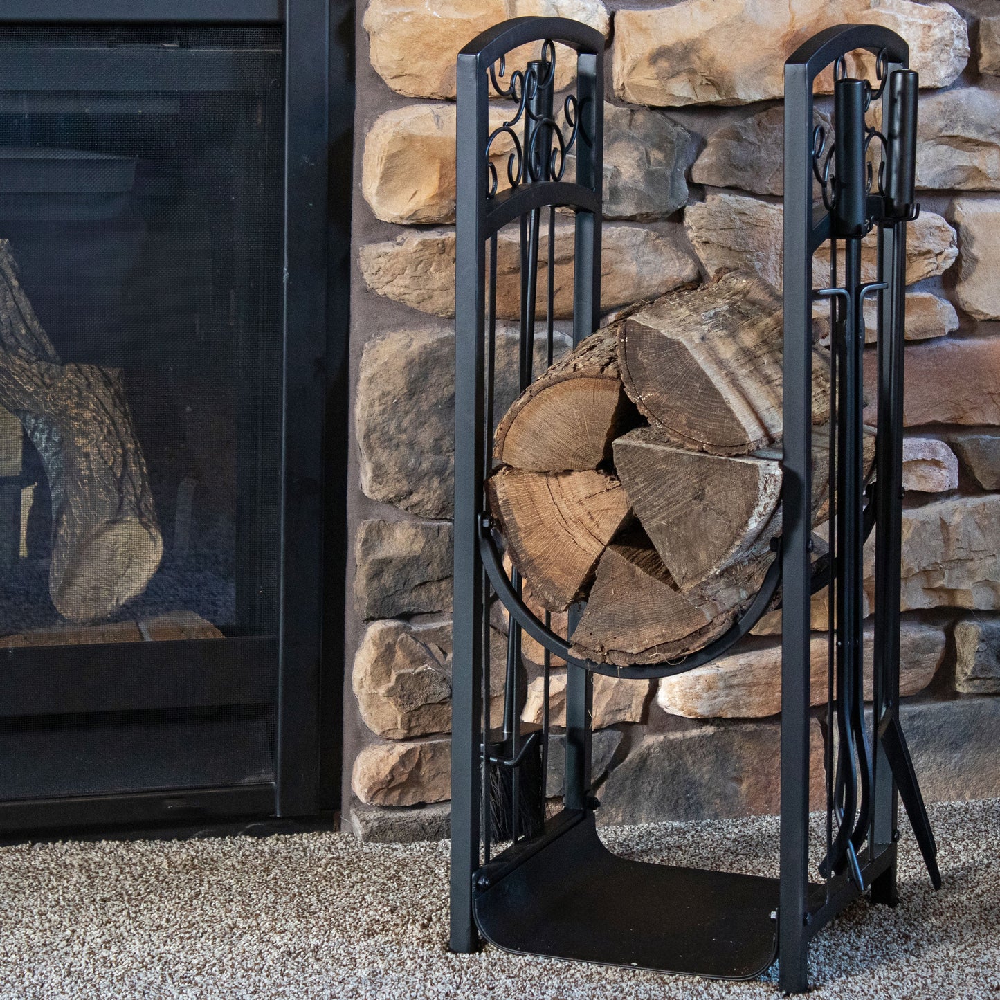 Filigree Small Firewood Rack with 4 Fireplace Tools