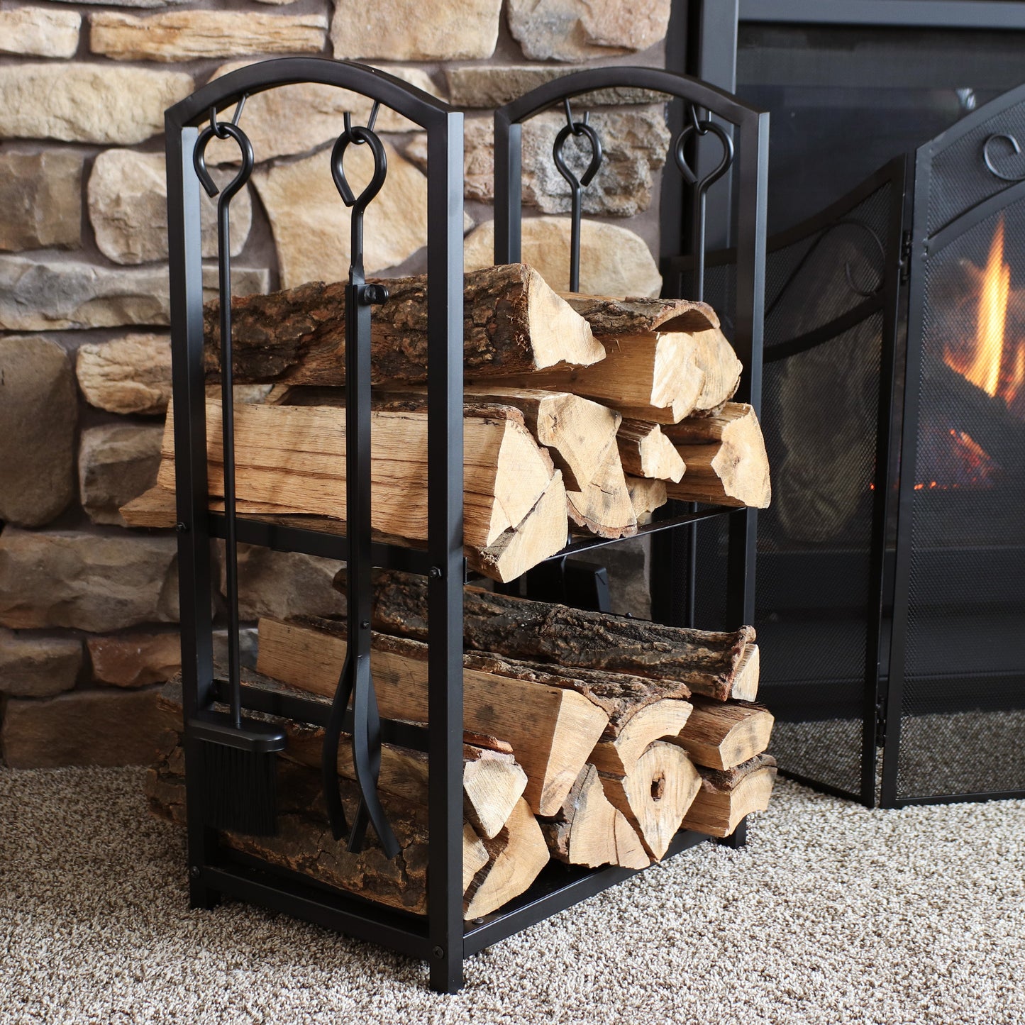 5-Piece Fireplace Log Holder with Poker, Shovel, and Brush