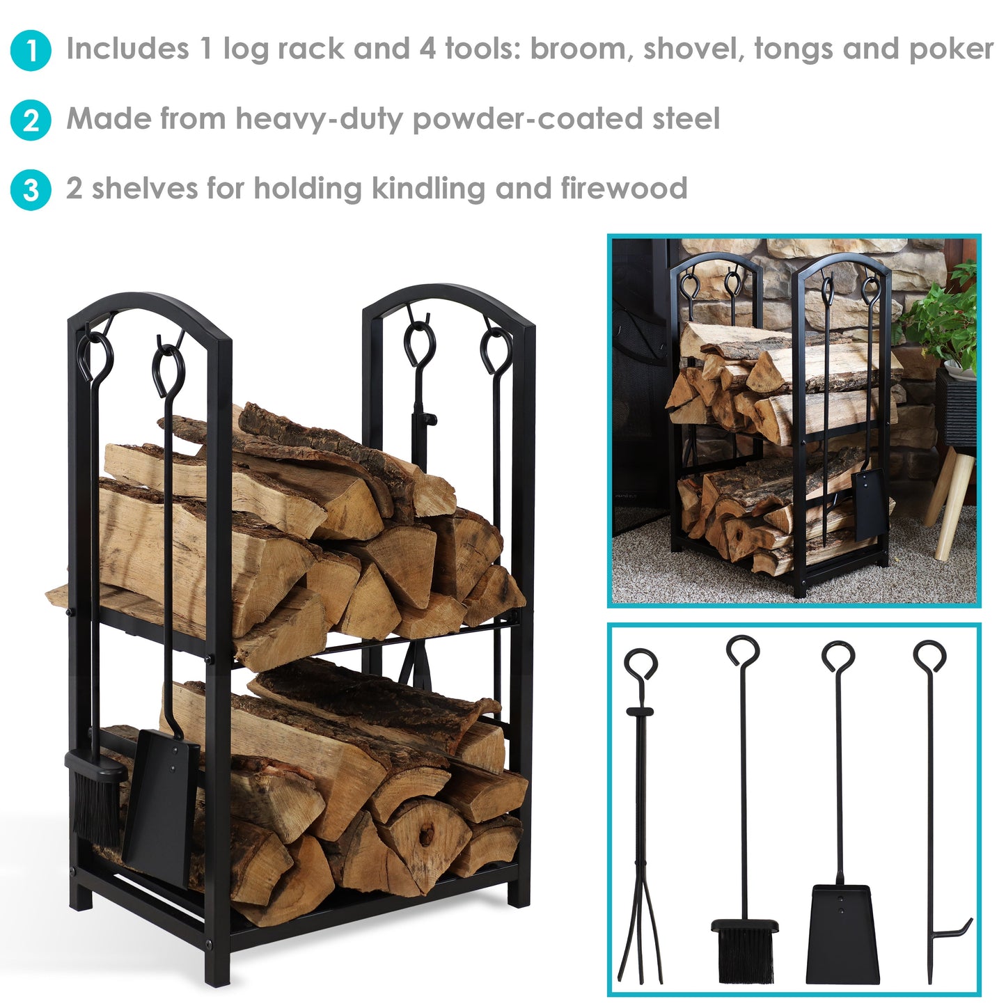 5-Piece Fireplace Log Holder with Poker, Shovel, and Brush