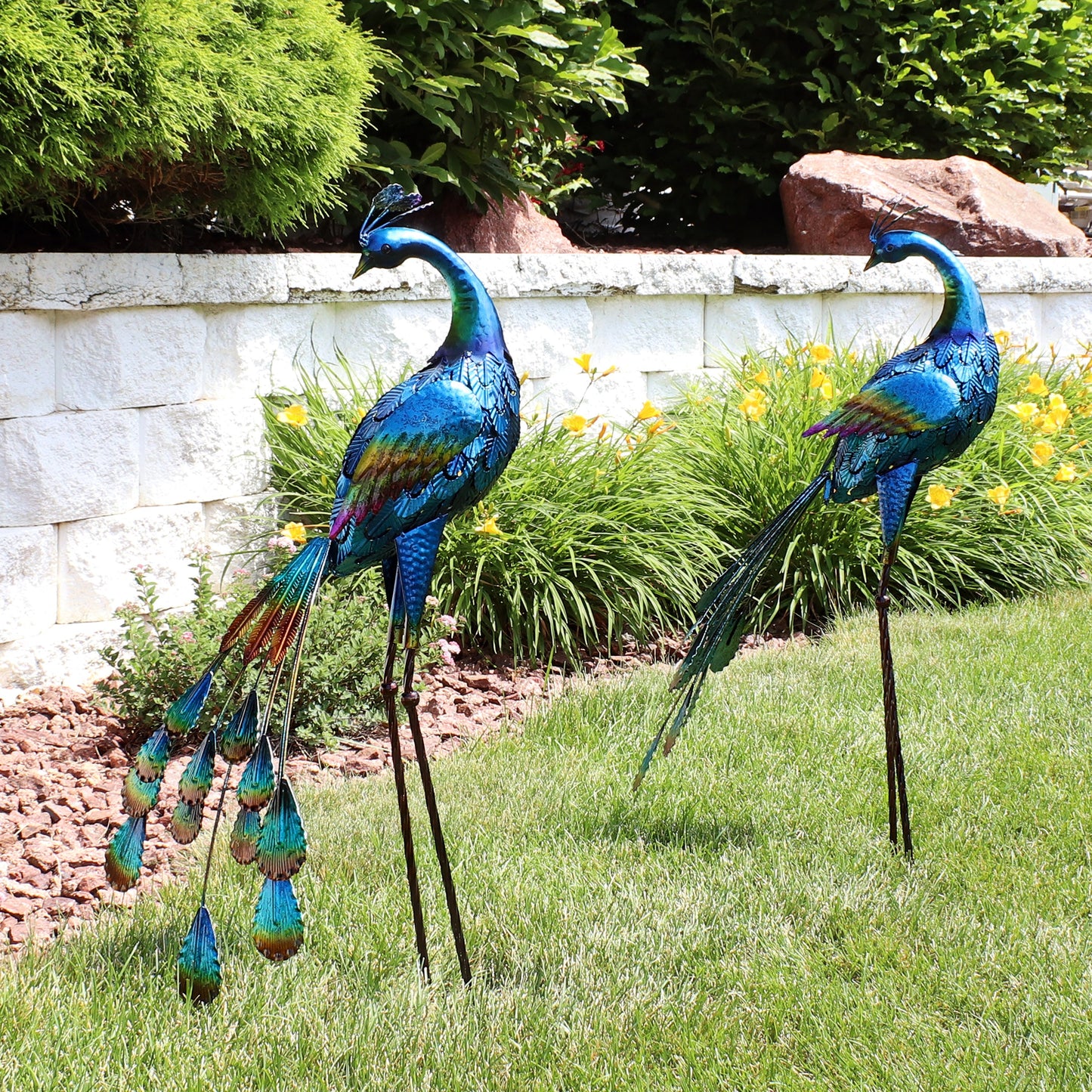Metal Peacock Garden Statue - 34' - Set of 2