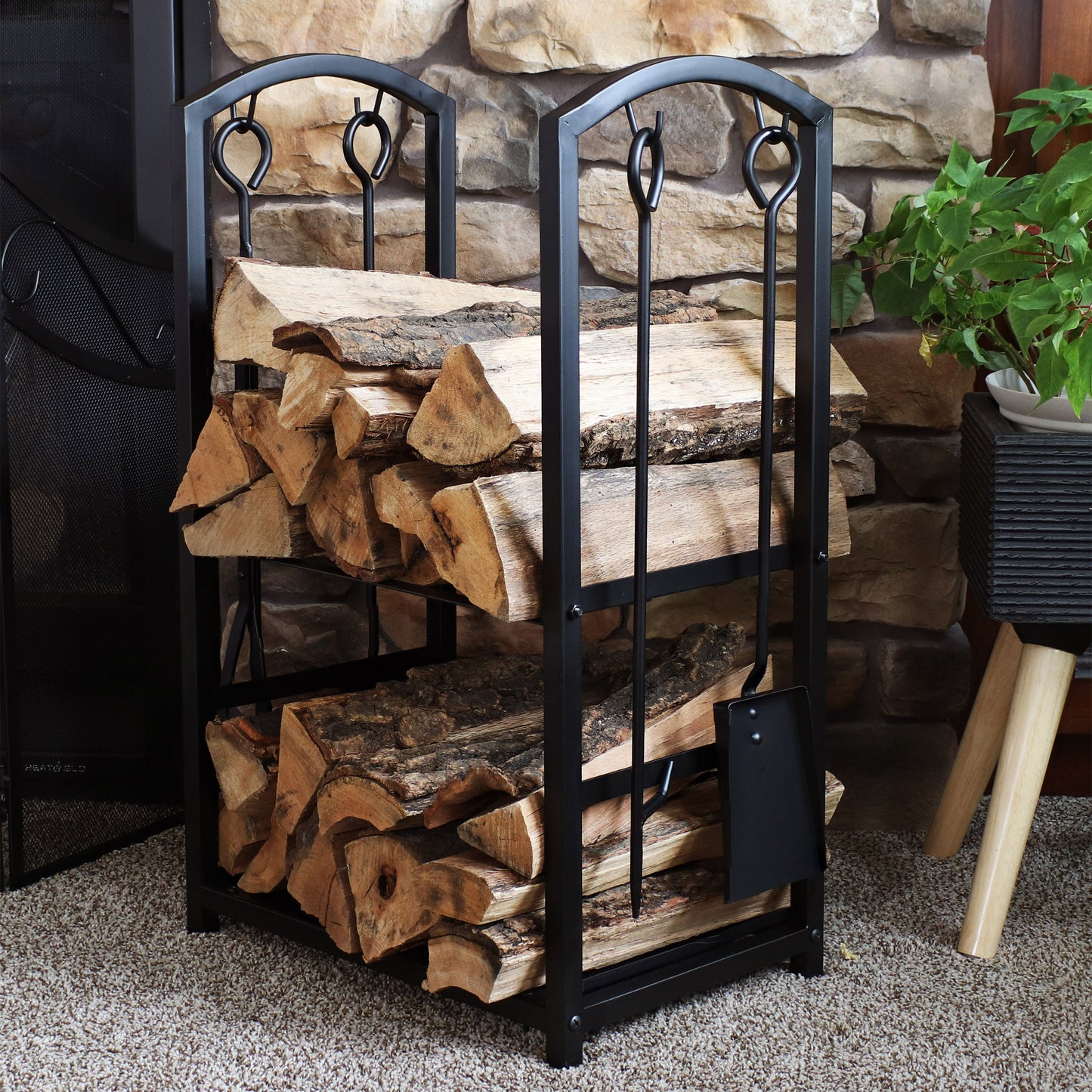 5-Piece Fireplace Log Holder with Poker, Shovel, and Brush
